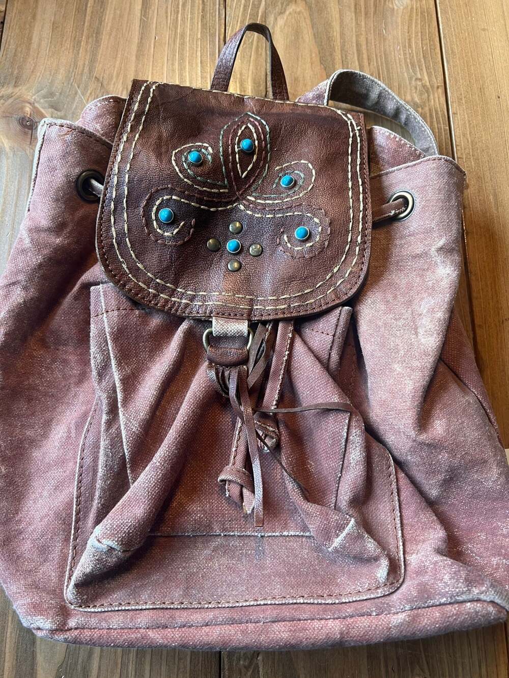 Mona B Canvas and Leather Backpack with Turquoise Studs Boho